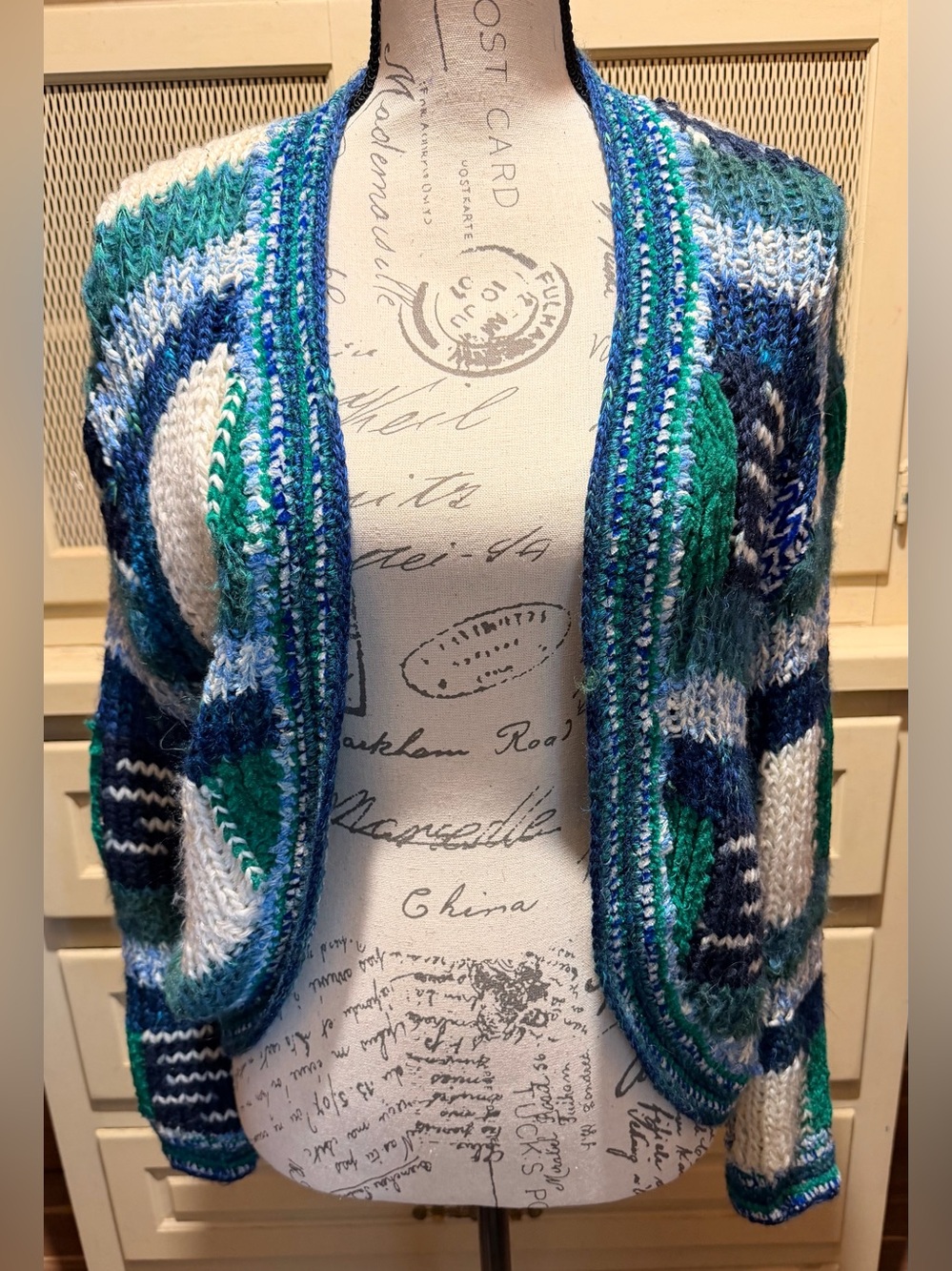 VTG Pom Pom Italy Chunky Patchwork Knit Cardigan Sweater